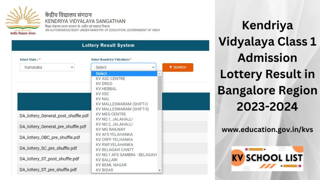 KVS Class 1 Admission Lottery Result in Bangalore Region 2023-24 @ education.gov.inkvs